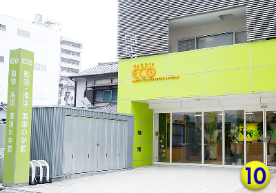 左手に見える緑色の建物が、名古屋ECO動物海洋専門学校です♪